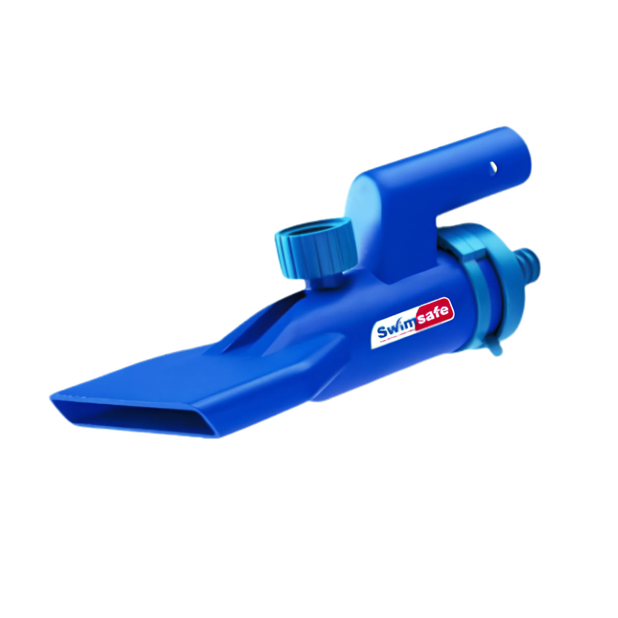 Isolated studio shot of the blue Swimsafe Supa-Vac underwater vacuum head unit on a clean white background, showing the suction nozzle, garden hose connection point, and pole attachment handle.