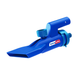Isolated studio shot of the blue Swimsafe Supa-Vac underwater vacuum head unit on a clean white background, showing the suction nozzle, garden hose connection point, and pole attachment handle.