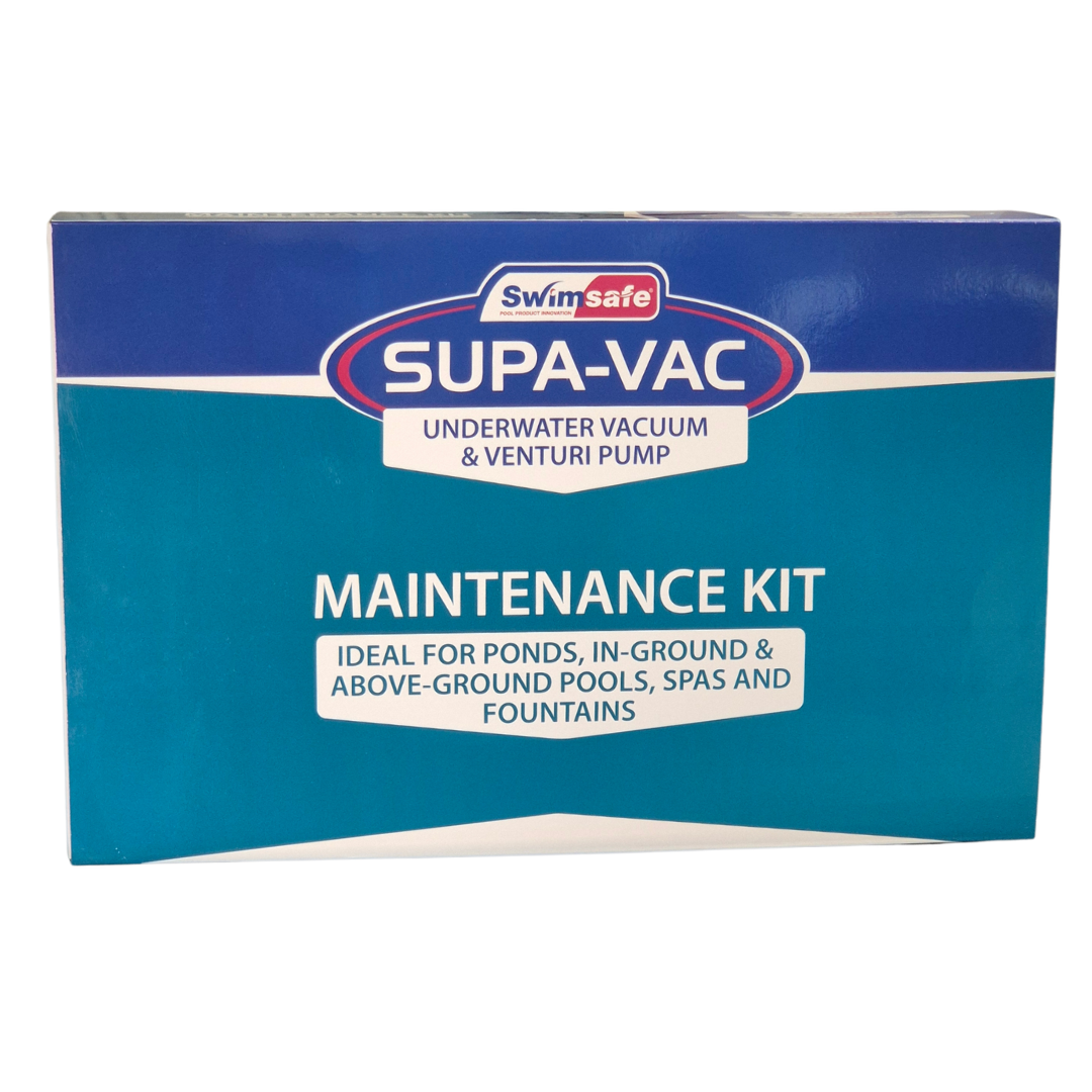 Front view studio product photo of the Swimsafe Supa-Vac Underwater Vacuum & Venturi Pump Maintenance Kit retail box on an isolated white background, featuring blue branding and white product labeling.