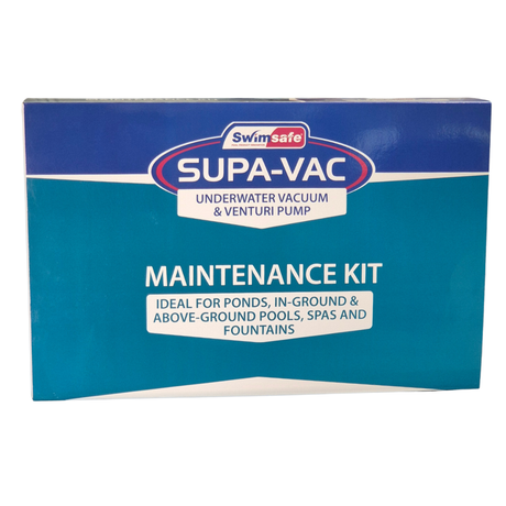 Front view studio product photo of the Swimsafe Supa-Vac Underwater Vacuum & Venturi Pump Maintenance Kit retail box on an isolated white background, featuring blue branding and white product labeling.