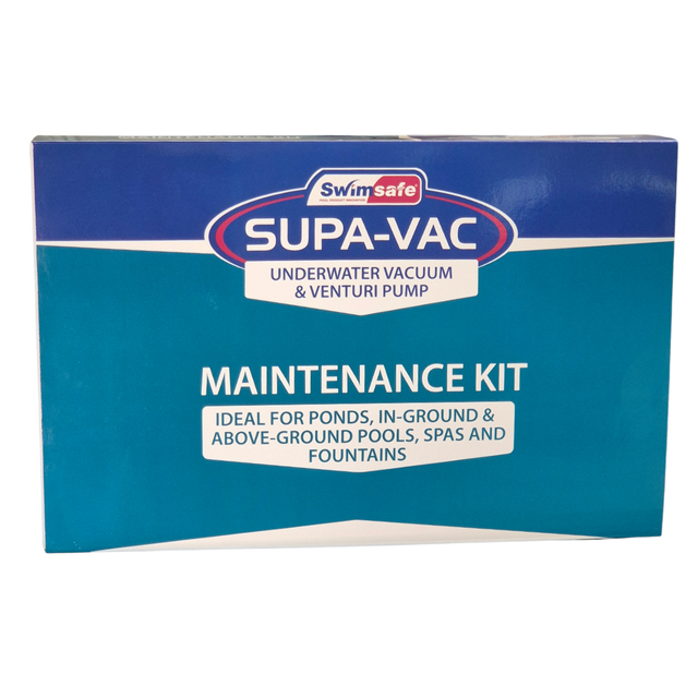 Front view studio product photo of the Swimsafe Supa-Vac Underwater Vacuum & Venturi Pump Maintenance Kit retail box on an isolated white background, featuring blue branding and white product labeling.