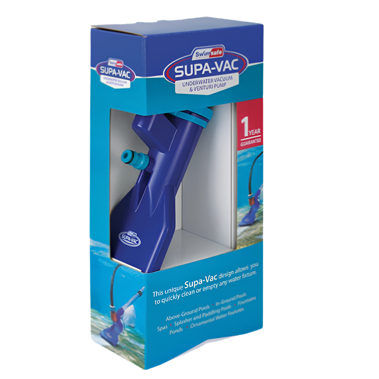 Swimsafe Supa-Vac underwater vacuum and venturi pump in its original blue packaging, designed for cleaning and emptying above-ground pools, spas, and ponds.