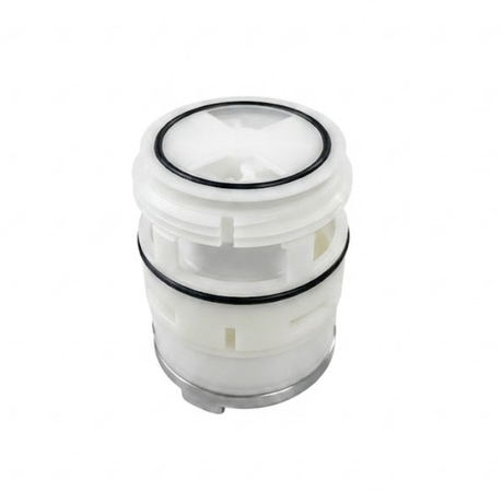 Three-quarter bottom view of a replacement swirl spa jet internal insert, showing its off-white plastic cylindrical body with two black rubber O-ring seals and a chrome trim ring at the front base.