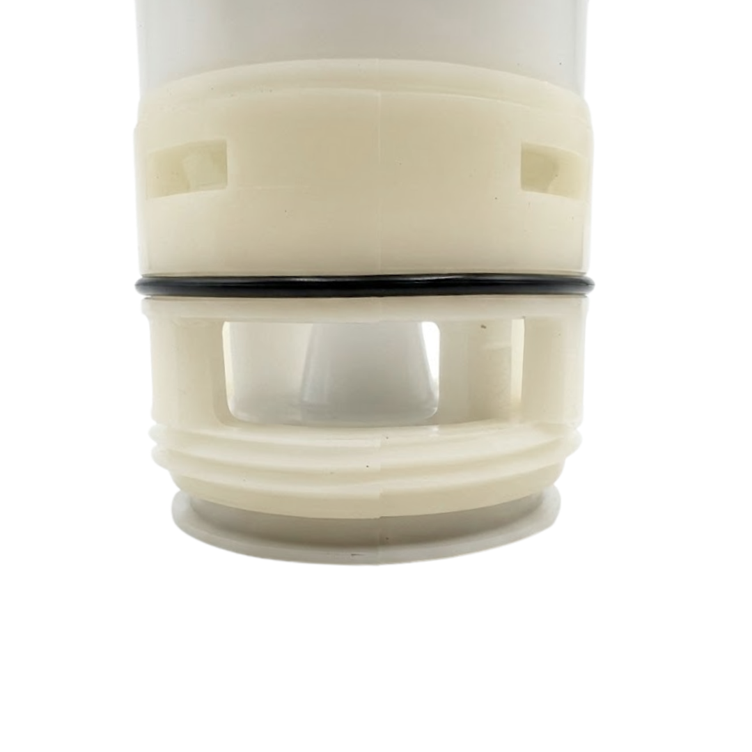 Extreme close-up view of the lower plastic body of a replacement swirl spa jet internal insert, showing side water intake cutouts, threaded section, and black rubber O-ring seal.