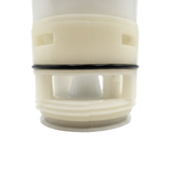 Extreme close-up view of the lower plastic body of a replacement swirl spa jet internal insert, showing side water intake cutouts, threaded section, and black rubber O-ring seal.