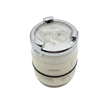 Three-quarter top view of a replacement swirl spa jet internal insert featuring a polished chrome outer trim ring with three raised tabs, a clear plastic face with twin nozzles, and a off-white cylindrical body with an O-ring seal.