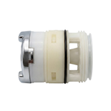 Horizontal side profile view of a replacement swirl spa jet internal insert, showing the chrome front bezel with tabs, off-white cylindrical body sections, black rubber O-ring seal, and rear threaded connector end.