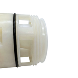 Close-up view of the rear end of a replacement swirl spa jet internal insert, showing off-white plastic threads, side water flow ports, and a black rubber O-ring.