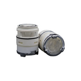 Studio view of two replacement swirl spa jet internal inserts side-by-side, one upright showcasing the off-white plastic body and threaded end, and one laying on its side revealing the front clear face and polished chrome bezel ring.
