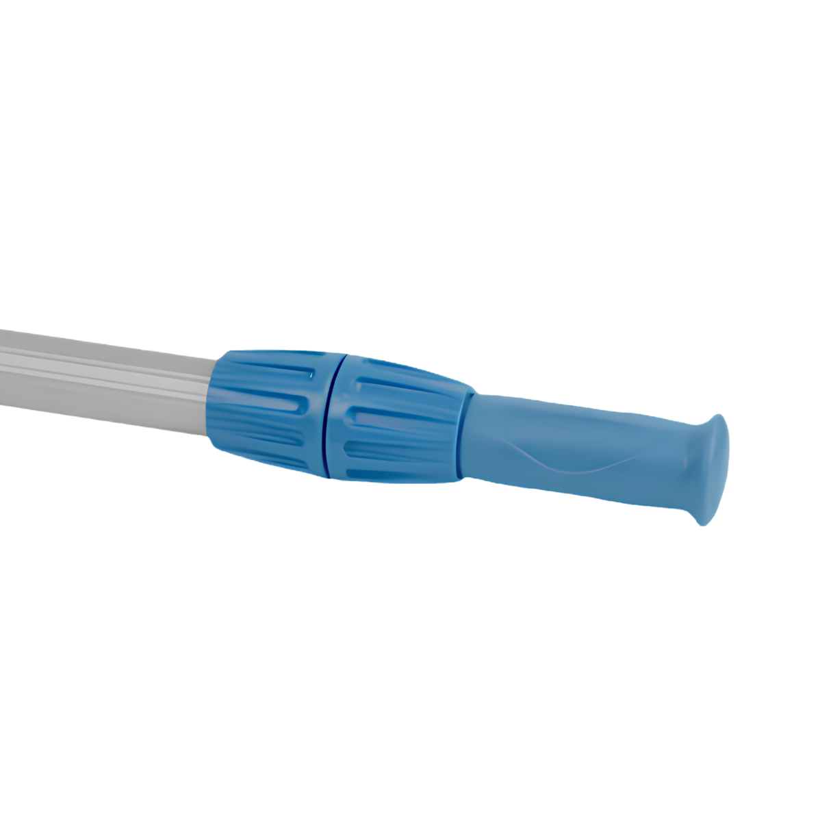 A detailed close-up studio shot focusing on the handle section of an adjustable aluminum telescopic pool pole, isolated on a white background. The image highlights a silver ribbed metallic shaft entering a blue plastic dual ribbed locking cam collar and a matching ergonomic molded blue plastic handle grip.