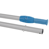 A detailed close-up studio shot of an aluminum telescopic pool pole mechanism, isolated on a white background. The top section showcases a blue plastic ribbed locking collar and ergonomic handle grip, while the lower section details the silver ribbed metal shaft with white plastic locking push pins and a black end cap.