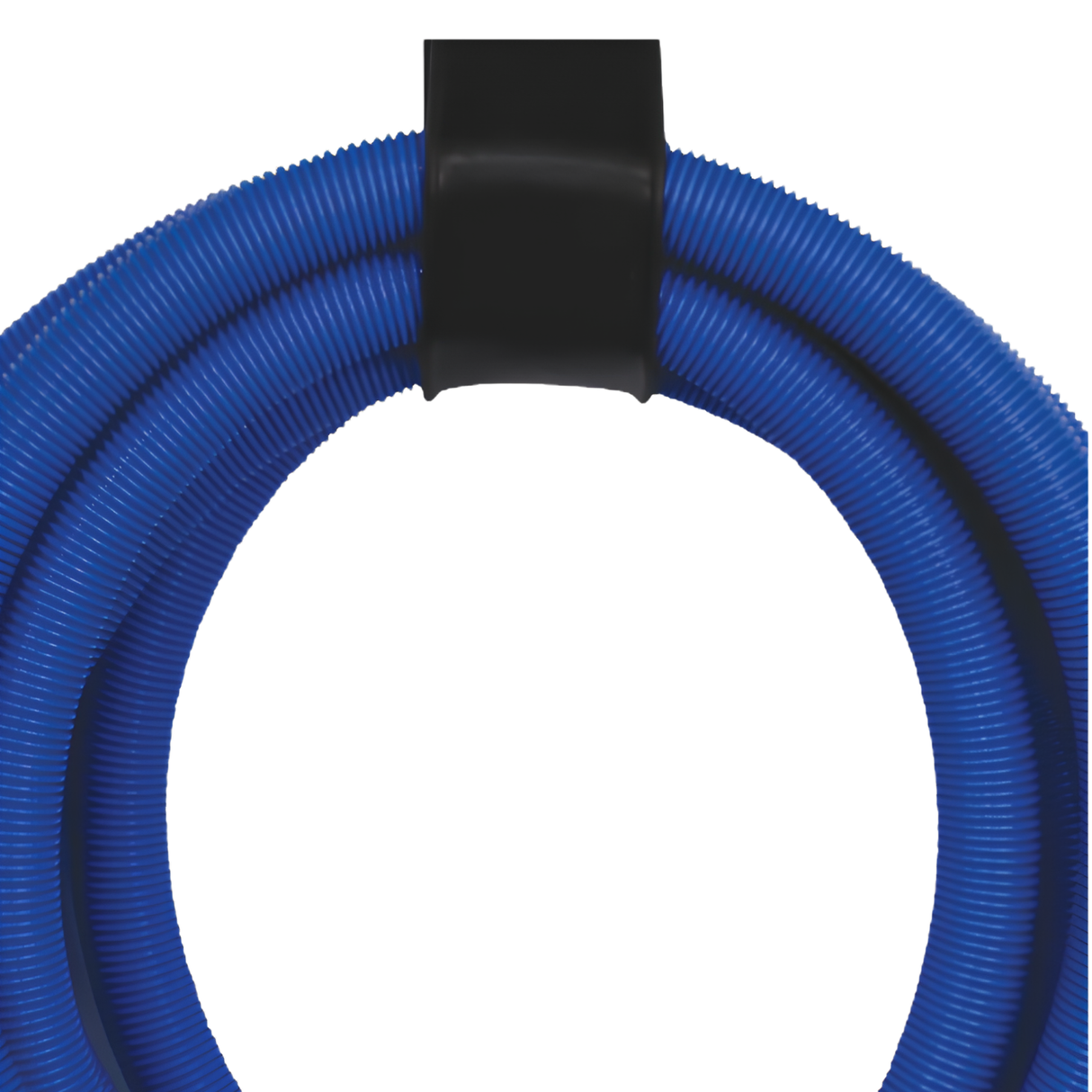 A close-up view of a coiled blue swimming pool vacuum hose secured tightly by the heavy-duty black hanging strap component of The Rack accessory storage system.