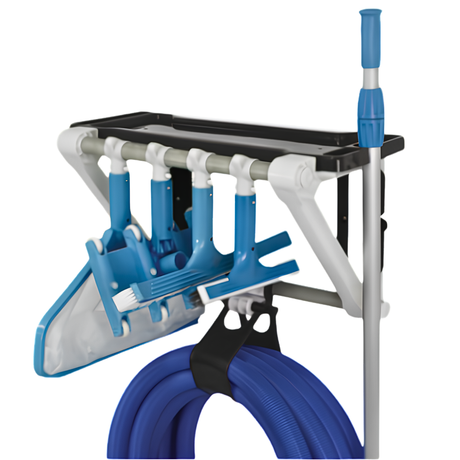 The Rack wall-mounted swimming pool and spa accessory storage system organizing a coiled blue vacuum hose, a telescoping maintenance pole, and multiple blue cleaning attachment heads against a white background
