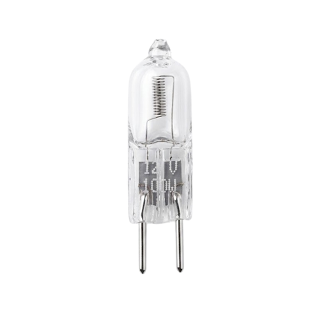 Front view of a Trimlight 12V 100W replacement halogen globe featuring a clear glass capsule, internal coiled filament, two bi-pin connector pins, and printed 12V 100W power specifications.