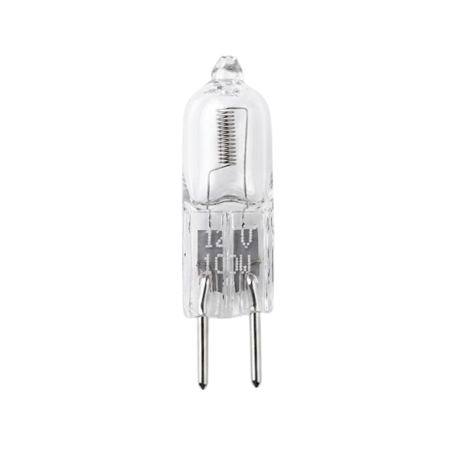Front view of a Trimlight 12V 100W replacement halogen globe featuring a clear glass capsule, internal coiled filament, two bi-pin connector pins, and printed 12V 100W power specifications.