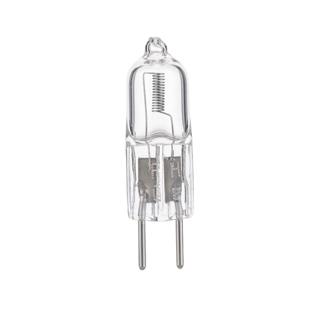 Reverse full view of a Trimlight 12V halogen globe, showcasing the bi-pin base structure, internal filament mount, and clear capsule envelope isolated on white.