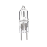 Reverse full view of a Trimlight 12V halogen globe, showcasing the bi-pin base structure, internal filament mount, and clear capsule envelope isolated on white.