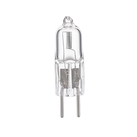 Reverse full view of a Trimlight 12V halogen globe, showcasing the bi-pin base structure, internal filament mount, and clear capsule envelope isolated on white.