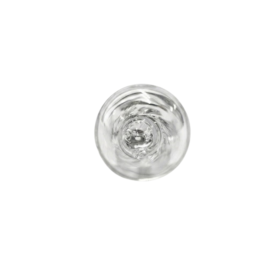 Direct top-down overhead view of the clear glass bulb tip on a Trimlight 12V halogen globe isolated on a plain white background.
