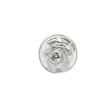 Direct top-down overhead view of the clear glass bulb tip on a Trimlight 12V halogen globe isolated on a plain white background.