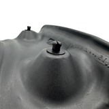 Close-up angled rear view of a Tropic Seas Spas Lounge series replacement hot tub headrest pillow in charcoal gray, focusing on the mounting pegs and back casing design.