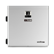Direct front studio view of a silver TurboSilence TiLAB pool heat pump, featuring a clean metallic panel with a centered digital temperature display, TiLAB logo, TurboSilence badge, and left-side plumbing connection unions.