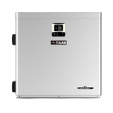 Direct front studio view of a silver TurboSilence TiLAB pool heat pump, featuring a clean metallic panel with a centered digital temperature display, TiLAB logo, TurboSilence badge, and left-side plumbing connection unions.