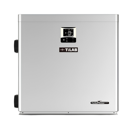 Direct front studio view of a silver TurboSilence TiLAB pool heat pump, featuring a clean metallic panel with a centered digital temperature display, TiLAB logo, TurboSilence badge, and left-side plumbing connection unions.