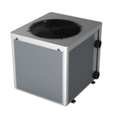 Three-quarter studio view from above of the rear and left side of a silver TurboSilence TiLAB pool heat pump, showing the top circular fan grille, dual mesh ventilation panels, and two black water union ports.