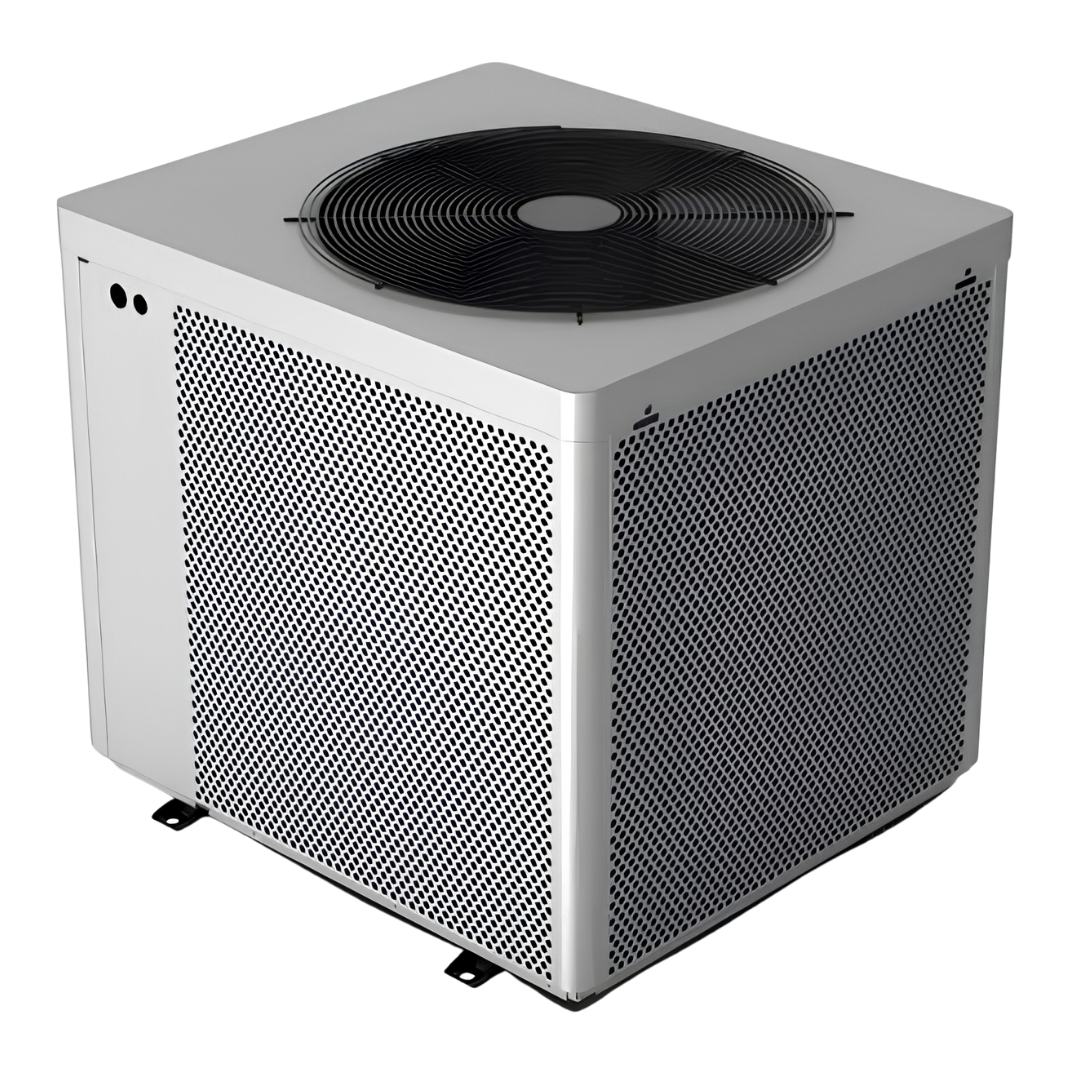 Three-quarter studio view from above of the rear and side of a silver TurboSilence TiLAB pool heat pump, displaying its top circular fan grille, dual mesh air intake panels, and base mounting brackets.