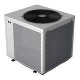 Three-quarter studio view from above of the rear and side of a silver TurboSilence TiLAB pool heat pump, displaying its top circular fan grille, dual mesh air intake panels, and base mounting brackets.