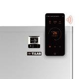 Close-up view of a silver TurboSilence TiLAB pool heat pump showing its digital control panel and TiLAB logo alongside a smartphone displaying its mobile Wi-Fi app interface for remote temperature setting and monitoring.