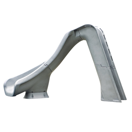 Side profile view of a Typhoon gray rotomolded residential swimming pool slide featuring an enclosed ladder on the right and a left-curve flume on the left, isolated on a white background.