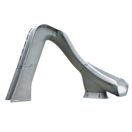 Side view of a Typhoon gray rotomolded residential swimming pool slide featuring an enclosed ladder on the left and a right-curve flume on the right, isolated on a solid white background.