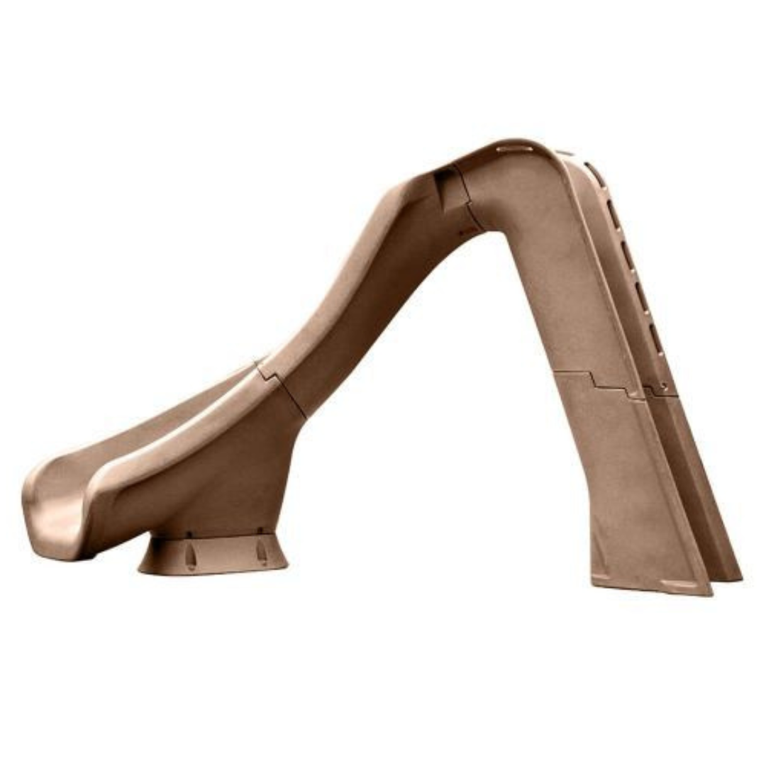 Side profile view of a Typhoon sandstone tan rotomolded residential swimming pool slide featuring an enclosed ladder on the right and a left-curve flume on the left, isolated on a white background.