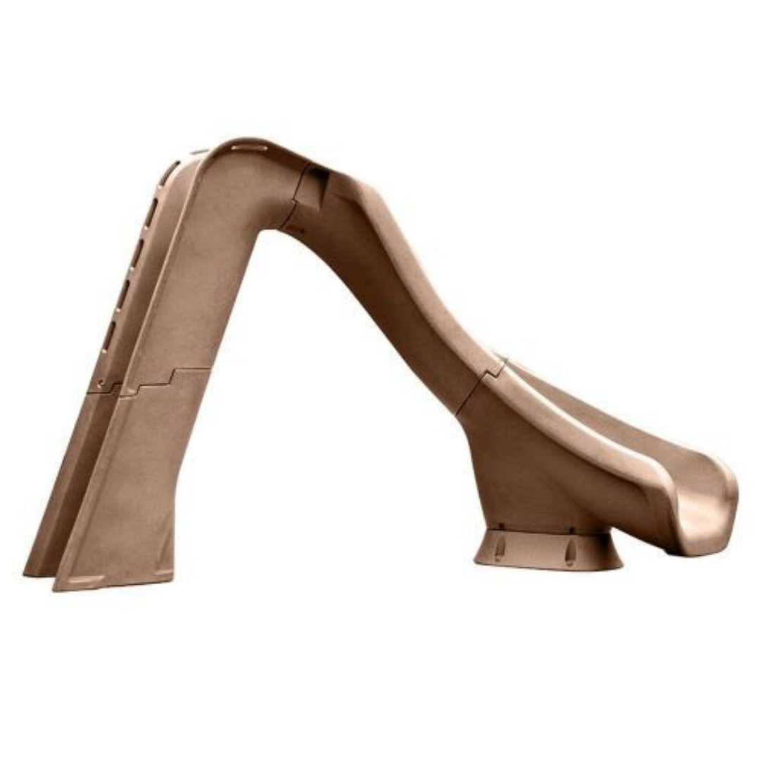 Side profile view of a Typhoon sandstone tan rotomolded residential swimming pool slide featuring an enclosed ladder on the left and a right-curve flume on the right, isolated on a white background