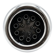 Direct overhead front view of an Ultra Blaster 7 SS Graphite spa jet internal insert, featuring a polished stainless steel outer bezel ring and a dark graphite face plate with multiple jet nozzle orifices.
