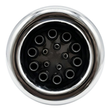 Direct overhead front view of an Ultra Blaster 7 SS Graphite spa jet internal insert, featuring a polished stainless steel outer bezel ring and a dark graphite face plate with multiple jet nozzle orifices.