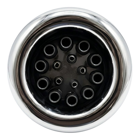 Direct overhead front view of an Ultra Blaster 7 SS Graphite spa jet internal insert, featuring a polished stainless steel outer bezel ring and a dark graphite face plate with multiple jet nozzle orifices.