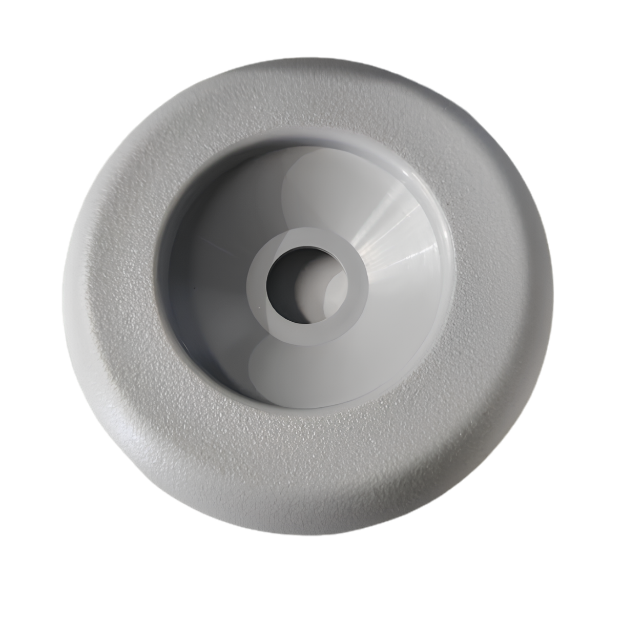 Top-down view of a universal textured gray 3 3/4-inch spa hot tub diverter valve replacement cap with a smooth center recession and main stem opening on a clean white background.