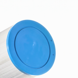 Close-up angled view of a washable JFC25 replacement cartridge filter highlighting the flat, solid blue closed top end cap design