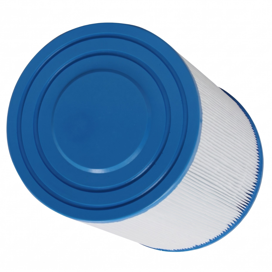 High angle overhead view of a washable JFC25 replacement cartridge filter highlighting the blue solid closed top cap with concentric ridges