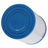 High angle overhead view of a washable JFC25 replacement cartridge filter highlighting the blue solid closed top cap with concentric ridges