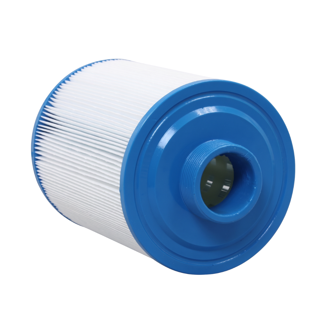 Angled front view of a washable JFC25 replacement cartridge filter lying on its side to display the blue end cap with a hollow male threaded spigot