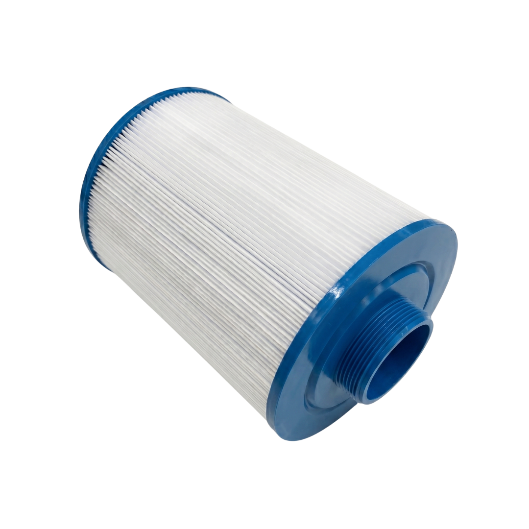 Angled diagonal view of a washable JFC25 replacement cartridge filter highlighting the blue bottom end cap with an open male threaded connection