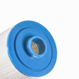 Close-up angled view of a washable JFC25 replacement cartridge filter highlighting the blue bottom end cap with a male threaded spigot connection