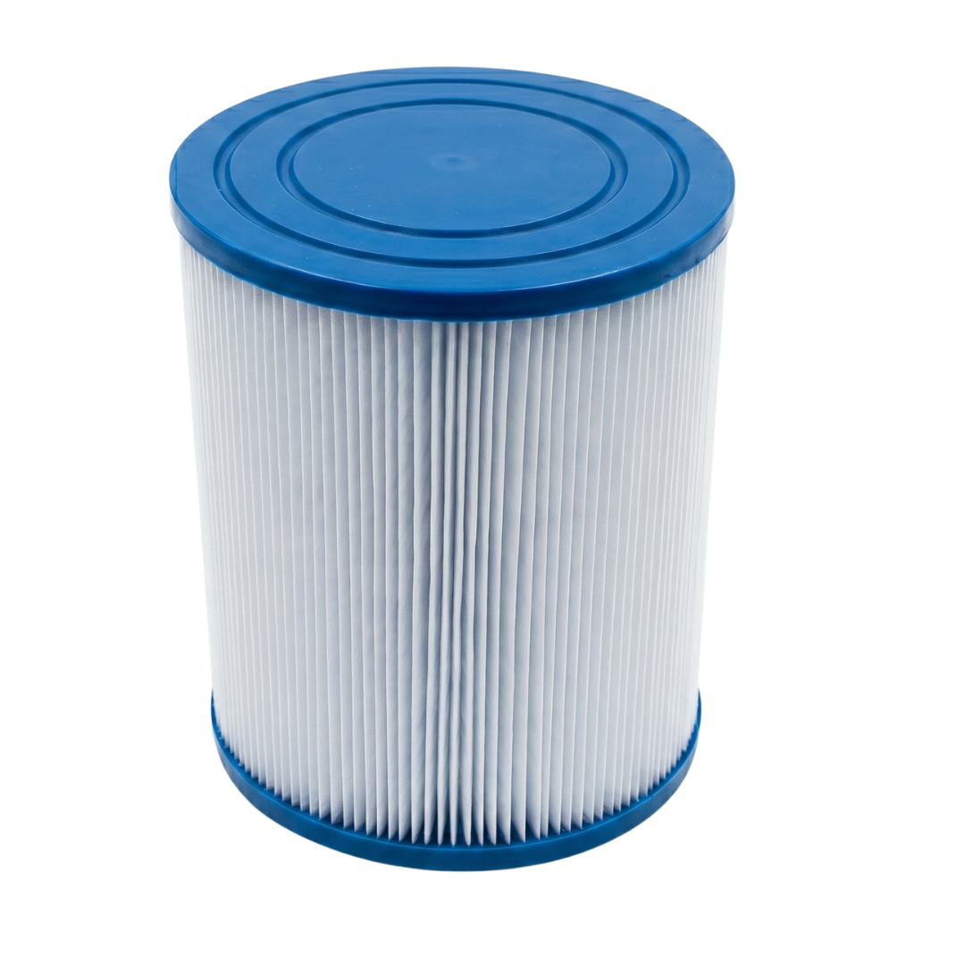 Front view of a washable JFC25 replacement cartridge filter highlighting the solid blue closed top cap with concentric circles and pleated media