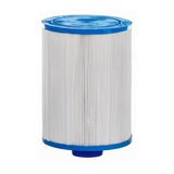 Full front profile view of a washable JFC25 replacement cartridge filter featuring white pleated fabric, a blue closed top cap, and a bottom male threaded spigot connection