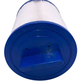Close-up low angle view of a washable 40 sq ft spa filter cartridge highlighting the blue plastic top cap and molded handle