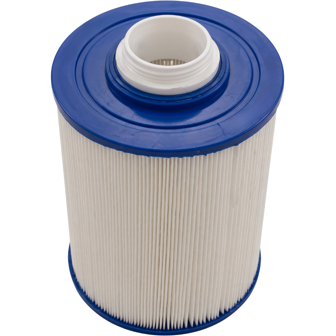 High angle view of a washable 40 sq ft spa filter cartridge showing the blue bottom end cap with white male threaded connection